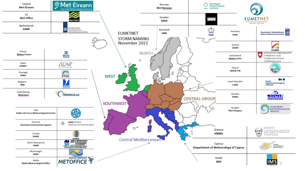 Fig.1 Suddivisione dell’Europa in gruppi per il progetto Storm naming di EUMETNET.